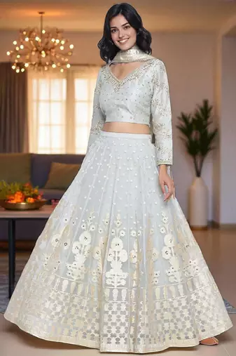 Blue Cotton Lehenga-Choli with Thread Work Embroidery