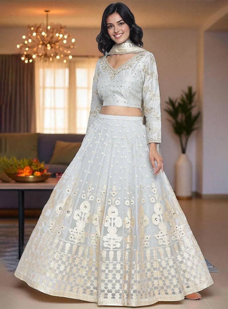 Blue Cotton Lehenga-Choli with Thread Work Embroidery