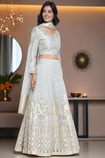 Blue Cotton Lehenga-Choli with Thread Work Embroidery