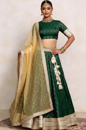 Green Art Silk Readymade Lehenga-Cholis with Zari Embellishment