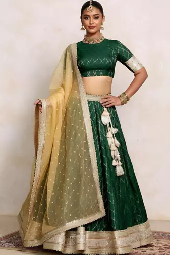 Green Art Silk Readymade Lehenga-Cholis with Zari Embellishment