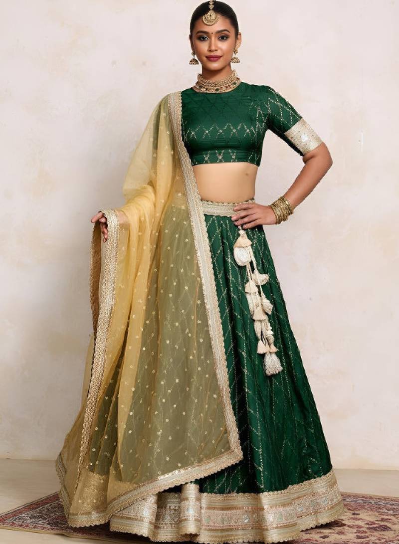 Green Art Silk Readymade Lehenga-Cholis with Zari Embellishment