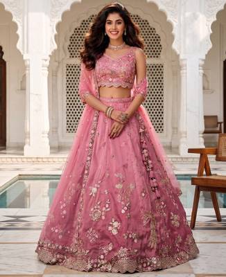 Pink Silk Lehenga-Choli Set with Net Dupatta - Embroidered Sequinned 1