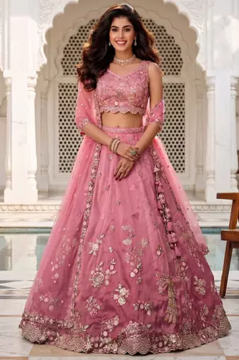 Pink Silk Lehenga-Choli Set with Net Dupatta - Embroidered Sequinned