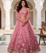 Pink Silk Lehenga-Choli Set with Net Dupatta - Embroidered Sequinned
