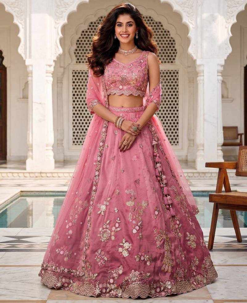 Pink Silk Lehenga-Choli Set with Net Dupatta - Embroidered Sequinned