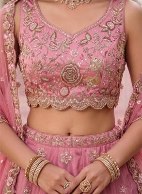 Pink Silk Lehenga-Choli Set with Net Dupatta - Embroidered Sequinned 2