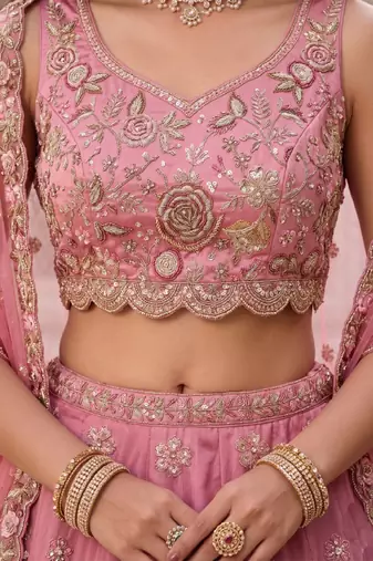 Pink Silk Lehenga-Choli Set with Net Dupatta - Embroidered Sequinned