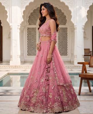 Pink Silk Lehenga-Choli Set with Net Dupatta - Embroidered Sequinned 3