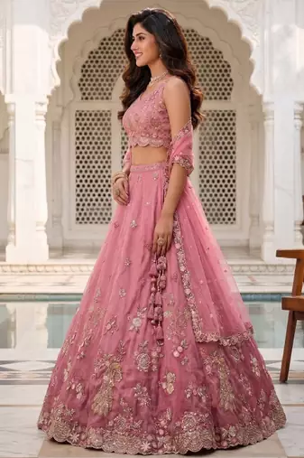 Pink Silk Lehenga-Choli Set with Net Dupatta - Embroidered Sequinned