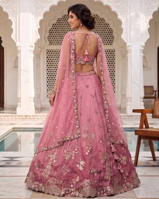 Pink Silk Lehenga-Choli Set with Net Dupatta - Embroidered Sequinned 4