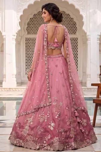 Pink Silk Lehenga-Choli Set with Net Dupatta - Embroidered Sequinned