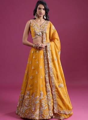 Mustard Silk Lehenga Set - Embroidered Sequinned Semi-Stitched Lehenga & Blouse With Dupatta 1
