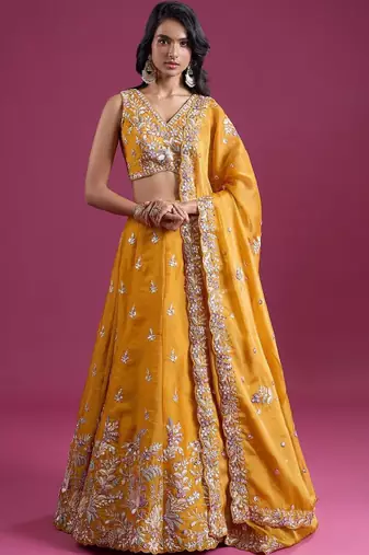 Mustard Silk Lehenga Set - Embroidered Sequinned Semi-Stitched Lehenga & Blouse With Dupatta
