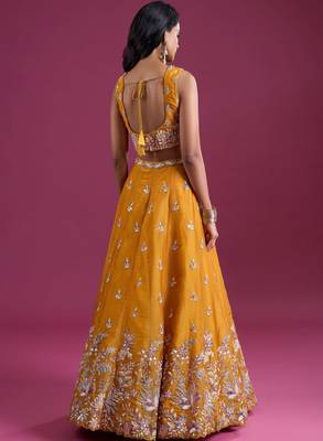 Mustard Silk Lehenga Set - Embroidered Sequinned Semi-Stitched Lehenga & Blouse With Dupatta 2