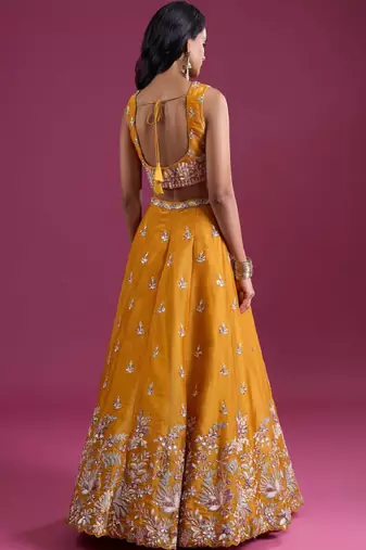 Mustard Silk Lehenga Set - Embroidered Sequinned Semi-Stitched Lehenga & Blouse With Dupatta