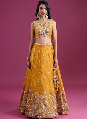 Mustard Silk Lehenga Set - Embroidered Sequinned Semi-Stitched Lehenga & Blouse With Dupatta 3
