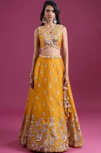 Mustard Silk Lehenga Set - Embroidered Sequinned Semi-Stitched Lehenga & Blouse With Dupatta