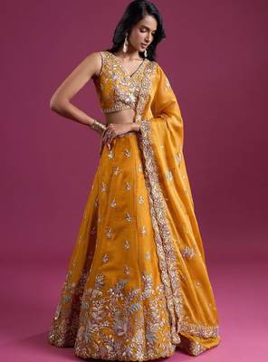 Mustard Silk Lehenga Set - Embroidered Sequinned Semi-Stitched Lehenga & Blouse With Dupatta 4
