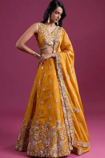 Mustard Silk Lehenga Set - Embroidered Sequinned Semi-Stitched Lehenga & Blouse With Dupatta