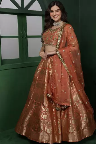Red Art Silk Readymade Lehenga-Choli With Sequinned Embellishment