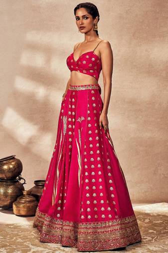 Brown Raw Silk Lehenga-Choli with Organza Dupatta - Foil Printed Sequinned Sleeveless Ready to Wear