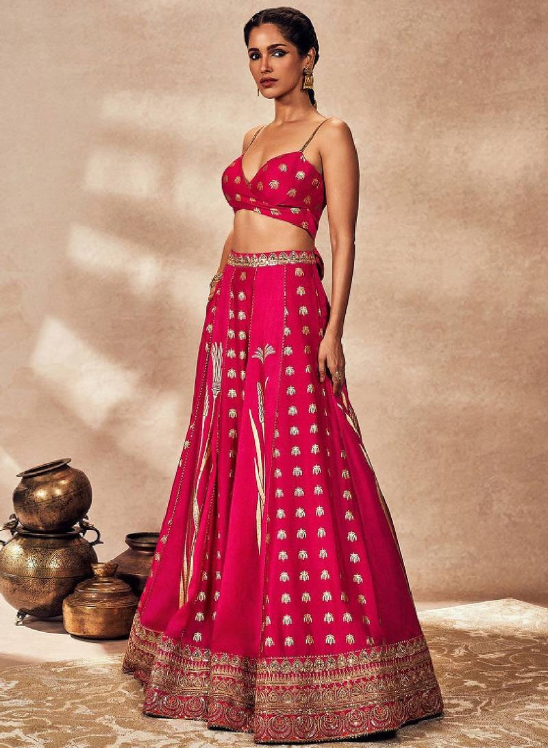Brown Raw Silk Lehenga-Choli with Organza Dupatta - Foil Printed Sequinned Sleeveless Ready to Wear