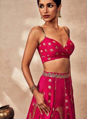 Brown Raw Silk Lehenga-Choli with Organza Dupatta - Foil Printed Sequinned Sleeveless Ready to Wear 2