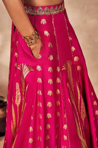 Brown Raw Silk Lehenga-Choli with Organza Dupatta - Foil Printed Sequinned Sleeveless Ready to Wear