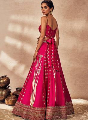 Brown Raw Silk Lehenga-Choli with Organza Dupatta - Foil Printed Sequinned Sleeveless Ready to Wear 4