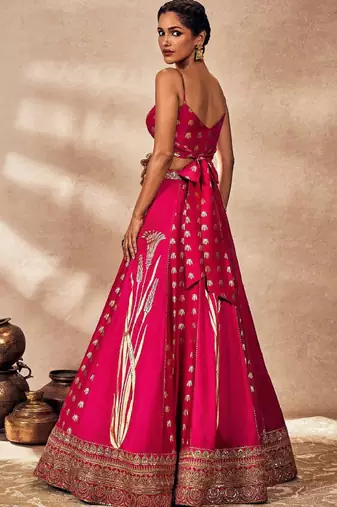 Brown Raw Silk Lehenga-Choli with Organza Dupatta - Foil Printed Sequinned Sleeveless Ready to Wear