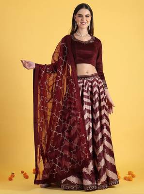 Maroon Tissue Readymade-lehenga-cholis V-Neck Thread Work Lehenga Set 2