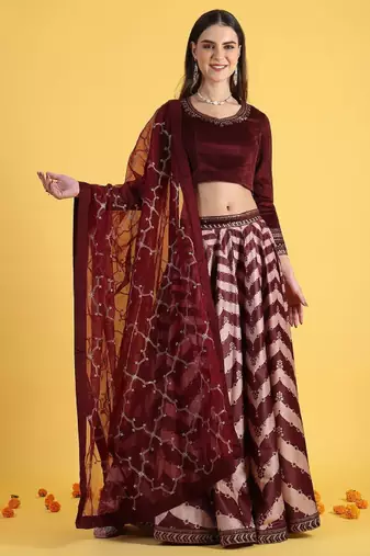 Maroon Tissue Readymade-lehenga-cholis V-Neck Thread Work Lehenga Set