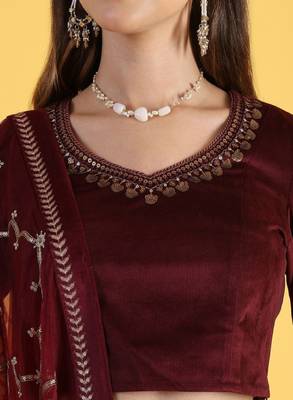 Maroon Tissue Readymade-lehenga-cholis V-Neck Thread Work Lehenga Set 3