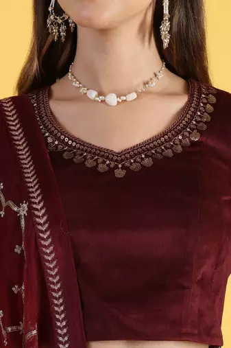 Maroon Tissue Readymade-lehenga-cholis V-Neck Thread Work Lehenga Set