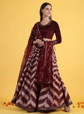 Maroon Tissue Readymade-lehenga-cholis V-Neck Thread Work Lehenga Set 1