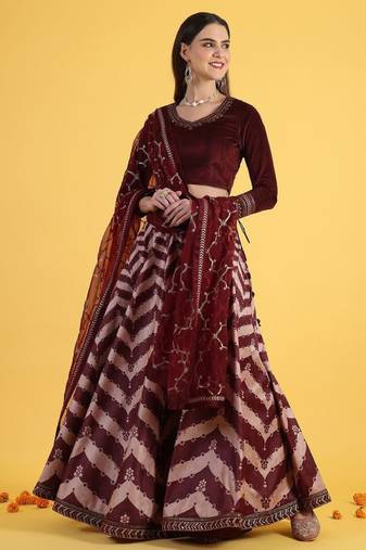 Maroon Tissue Readymade-lehenga-cholis V-Neck Thread Work Lehenga Set