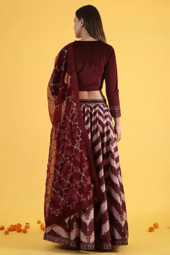 Maroon Tissue Readymade-lehenga-cholis V-Neck Thread Work Lehenga Set