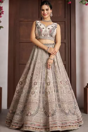 White Net Embellished Sequinned Semi-Stitched Lehenga & Unstitched Blouse With Dupatta