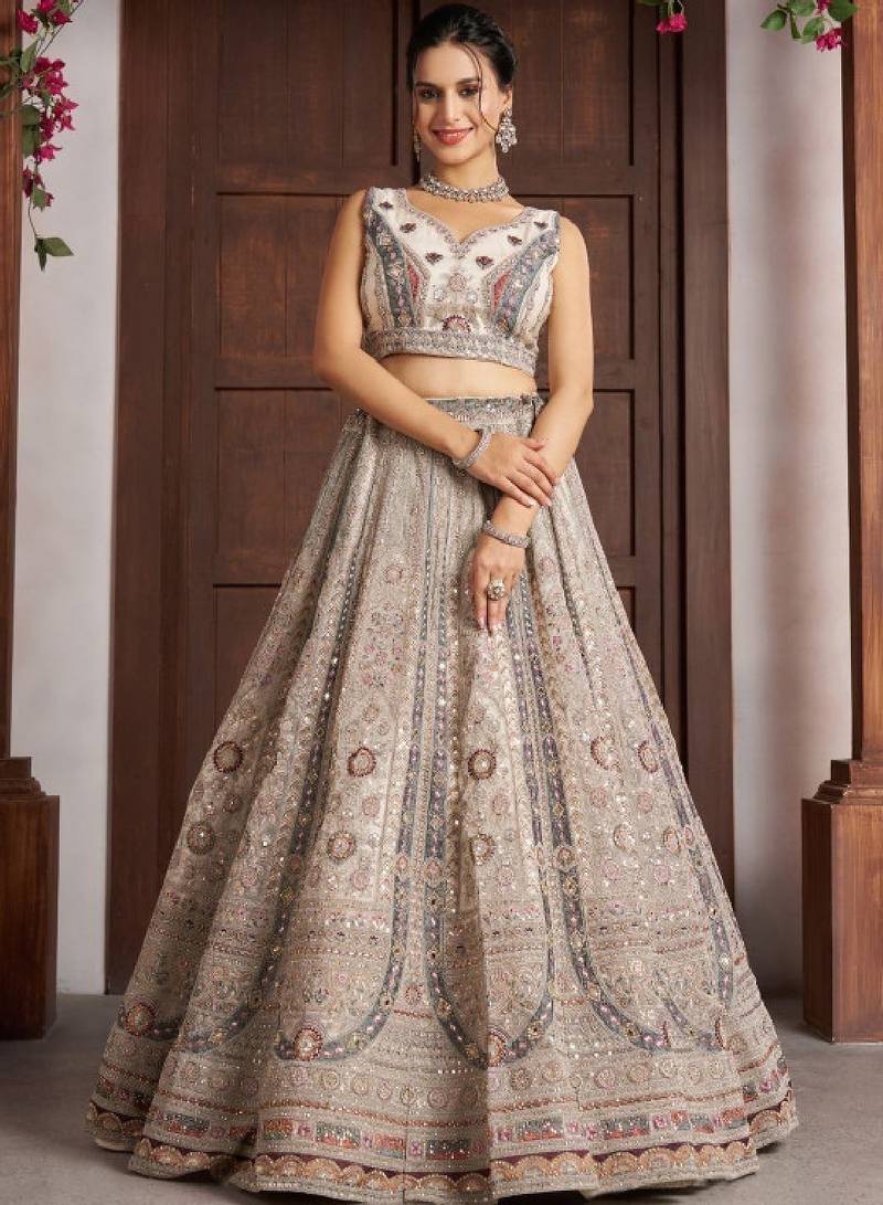 White Net Embellished Sequinned Semi-Stitched Lehenga & Unstitched Blouse With Dupatta