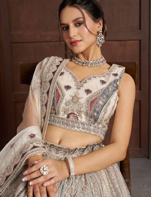 White Net Embellished Sequinned Semi-Stitched Lehenga & Unstitched Blouse With Dupatta 2
