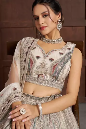White Net Embellished Sequinned Semi-Stitched Lehenga & Unstitched Blouse With Dupatta