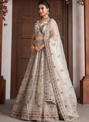 White Net Embellished Sequinned Semi-Stitched Lehenga & Unstitched Blouse With Dupatta 4