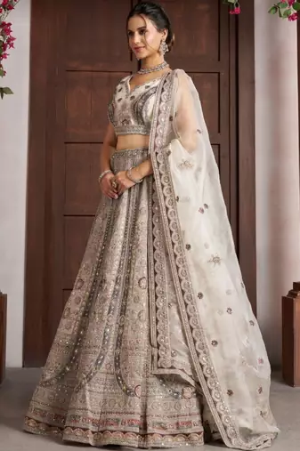 White Net Embellished Sequinned Semi-Stitched Lehenga & Unstitched Blouse With Dupatta