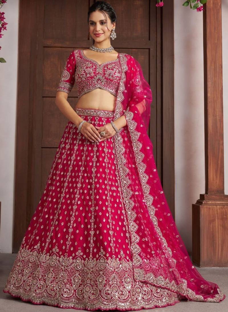 Pink Silk Lehenga-Choli Embellished Sequinned Semi-Stitched Lehenga & Blouse With Dupatta