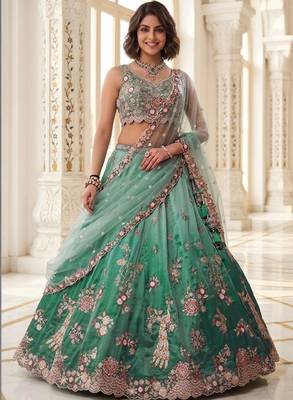 Green Net Lehenga-Choli Embroidered Sequinned Semi-Stitched Lehenga & Unstitched Blouse With Dupatta 1