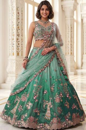 Green Net Lehenga-Choli Embroidered Sequinned Semi-Stitched Lehenga & Unstitched Blouse With Dupatta