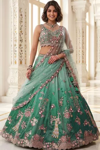 Green Net Lehenga-Choli Embroidered Sequinned Semi-Stitched Lehenga & Unstitched Blouse With Dupatta
