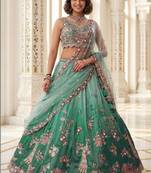 Green Net Lehenga-Choli Embroidered Sequinned Semi-Stitched Lehenga & Unstitched Blouse With Dupatta