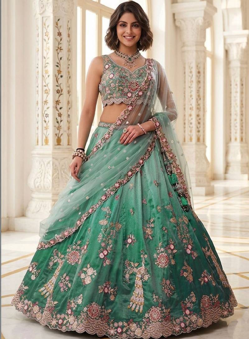 Green Net Lehenga-Choli Embroidered Sequinned Semi-Stitched Lehenga & Unstitched Blouse With Dupatta